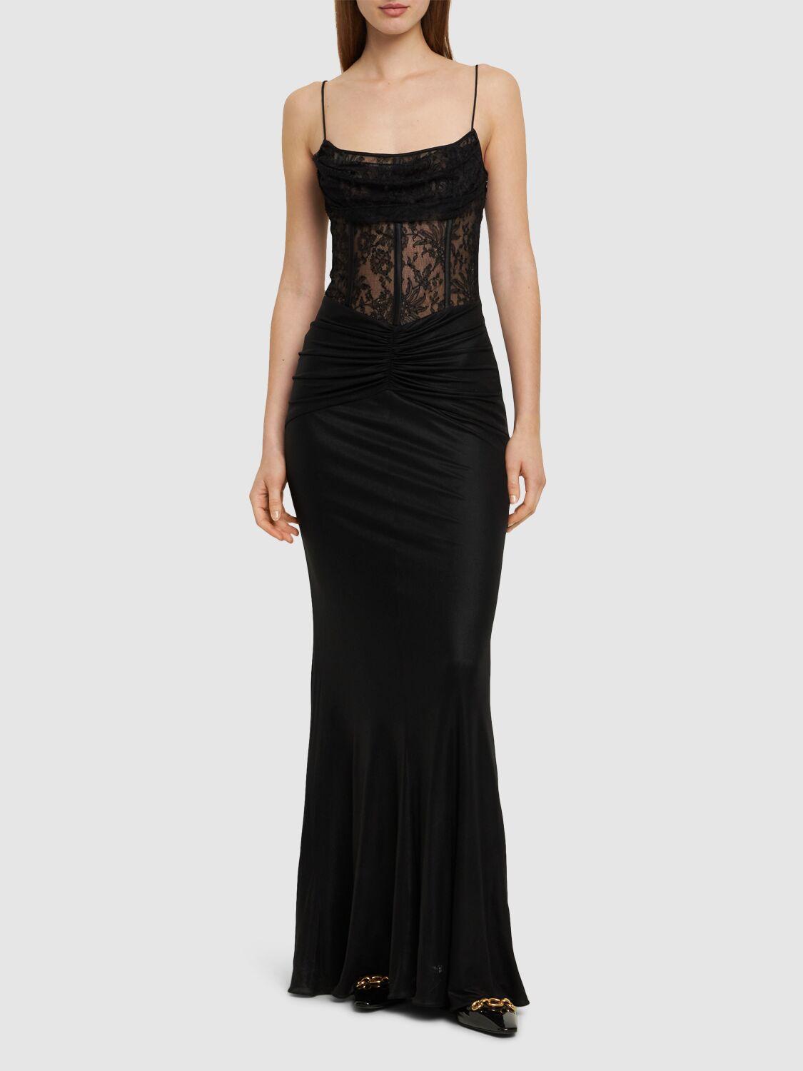 ALESSANDRA RICH Laminated Jersey Long Dress with Lace