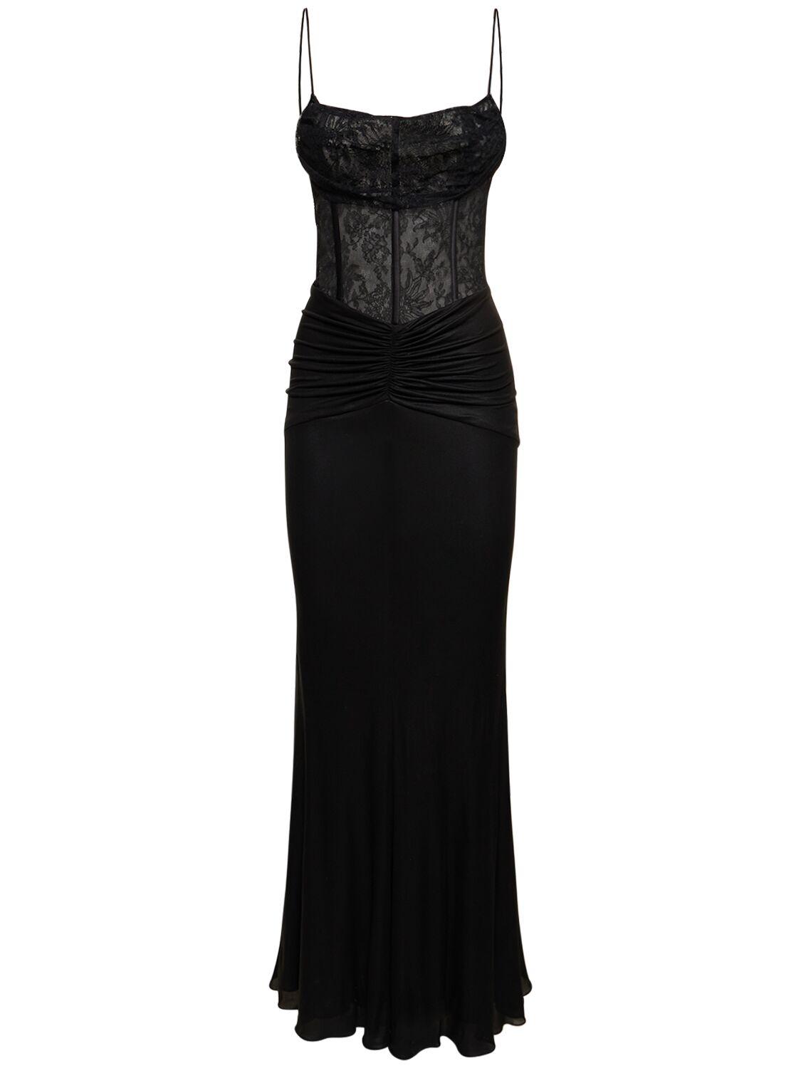 ALESSANDRA RICH Laminated Jersey Long Dress with Lace