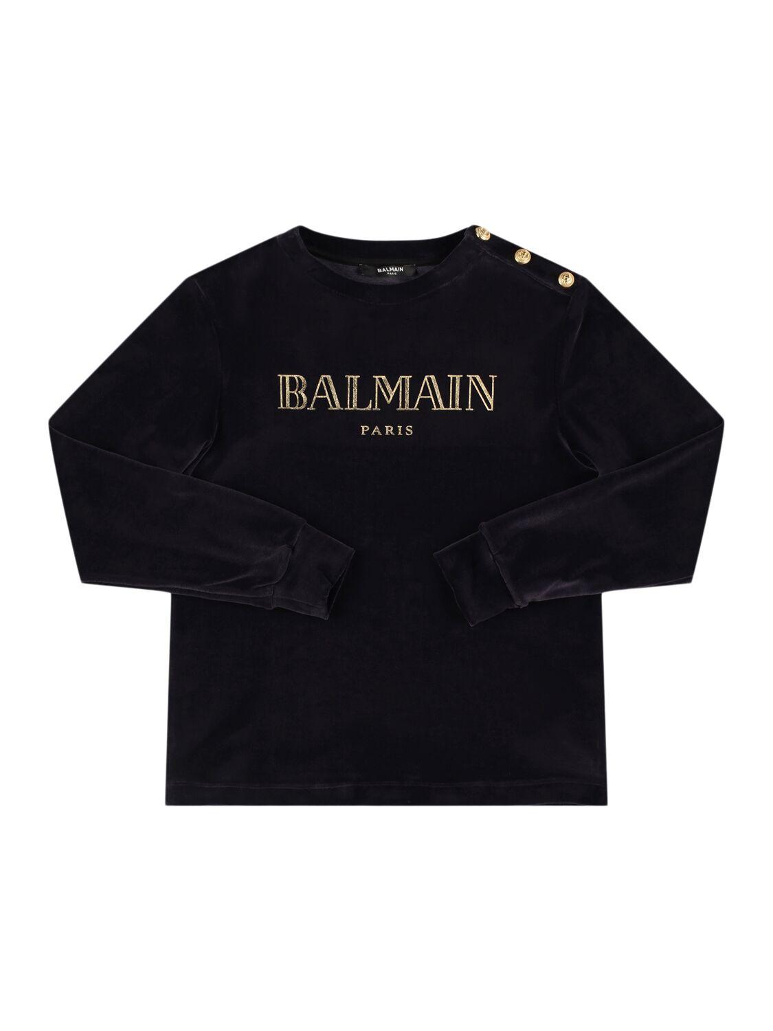 BALMAIN Cotton Blend Velvet Crewneck Sweatshirt