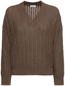 BRUNELLO CUCINELLI Openwork Cotton Knit V-neck Sweater
