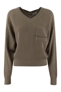 Brunello Cucinelli Women's Cotton Rib Sweater With Jewel in Brown