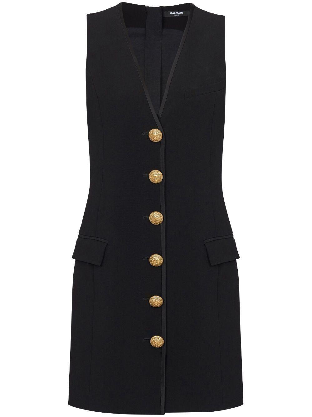 Balmain Women's V-Neck Buttoned Crepe Short Dress in Black