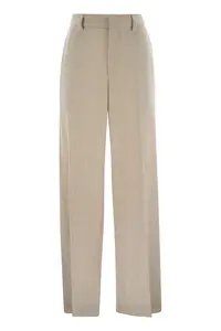 Brunello Cucinelli Women's Wide High-Waisted Wool and Cashmere Trousers with Necklace in Beige