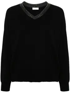 Brunello Cucinelli Women's Cashmere Sweater With Precious Ribbed Neckline in Black