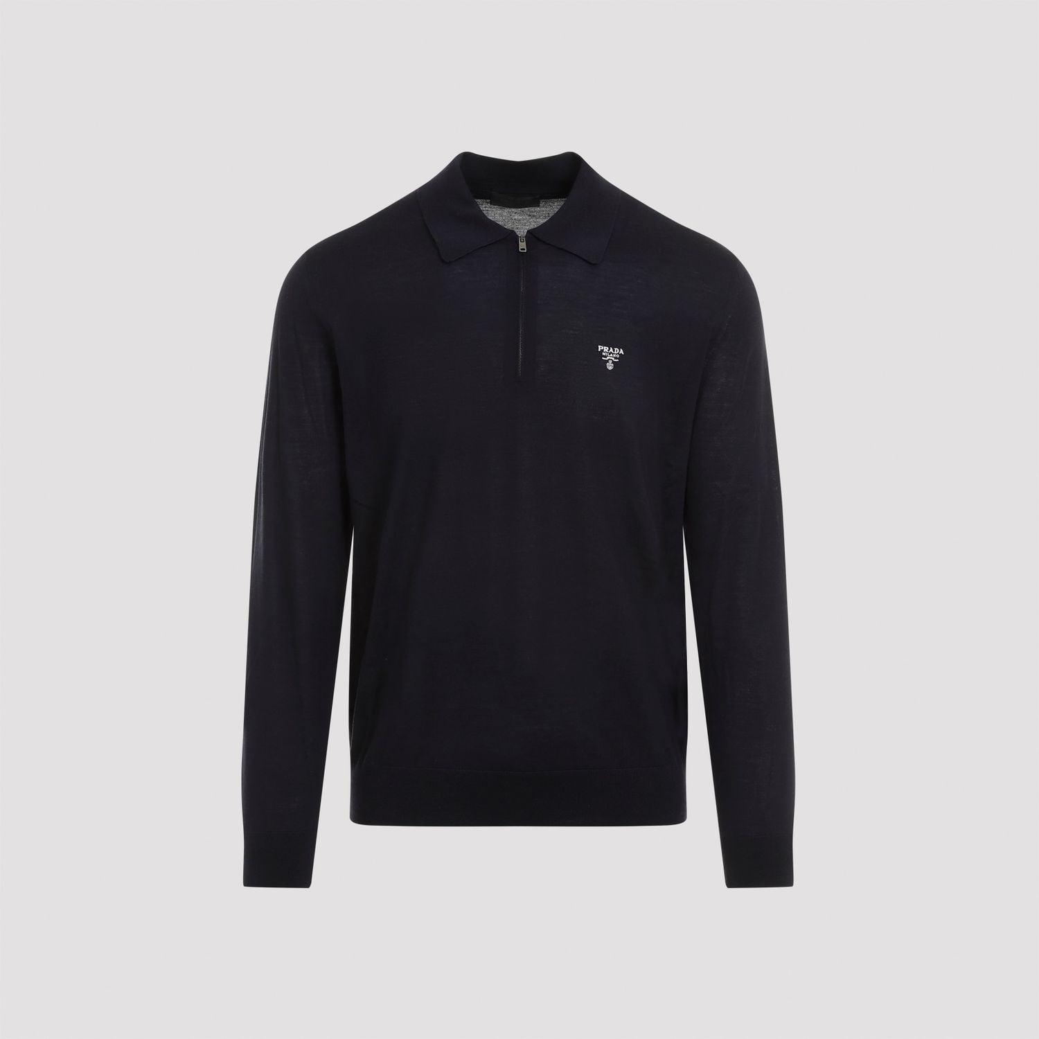 Prada Men's Knitted Wool Polo Shirt in Blue