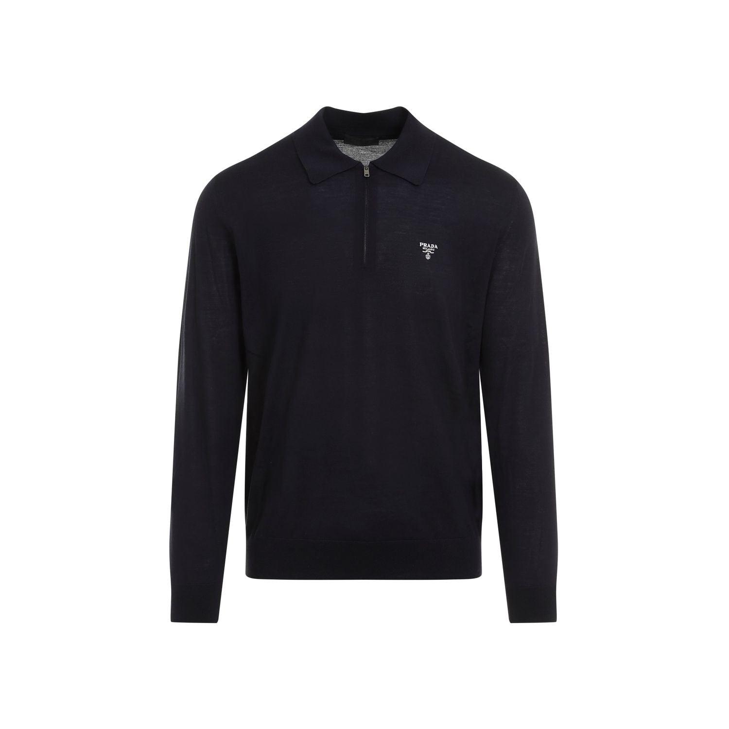 Prada Men's Knitted Wool Polo Shirt in Blue