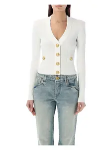 Balmain Women's Buttoned V-Necked Cardigan in White