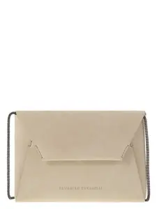 Brunello Cucinelli Bc Duo Suede Clutch Bag With Precious Chain in Ivory