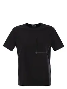 Brunello Cucinelli Women's Cotton Jersey T-Shirt With Shiny Pocket Detail in Black