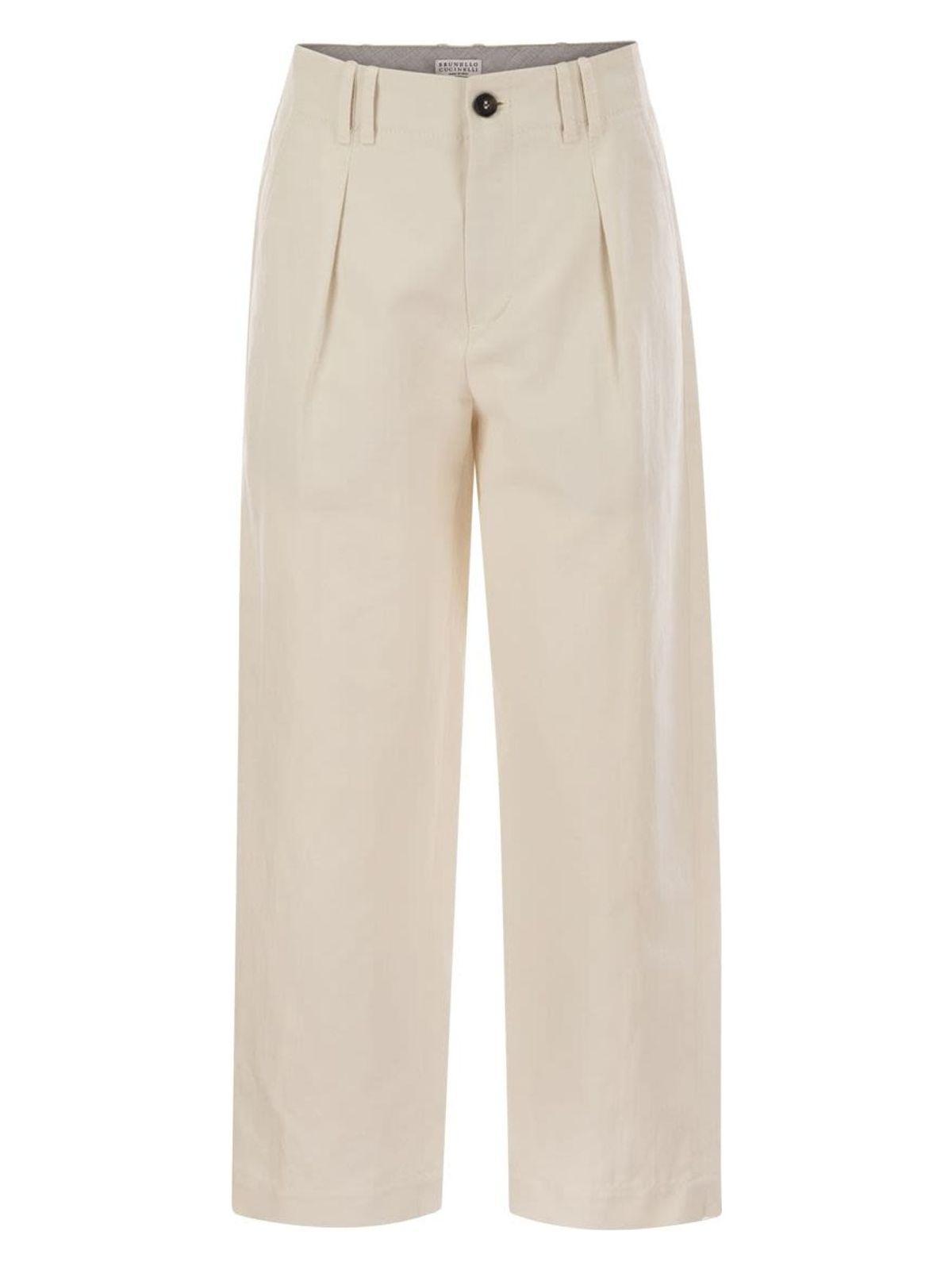 Brunello Cucinelli Pleated Chino Trousers In Cotton Canvas And Linen