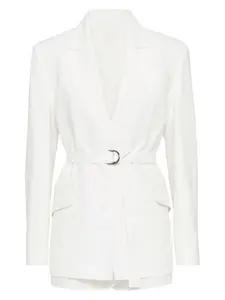 Brunello Cucinelli Women's Fluid Viscose And Linen Twill Jacket With Belt And Necklace in Natural