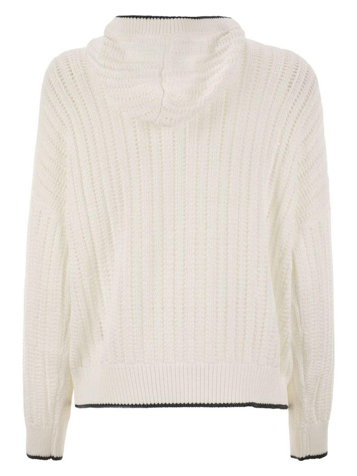 Brunello Cucinelli Women's Perforated Rib Cotton Knit Topwear With Hood And Necklace in White