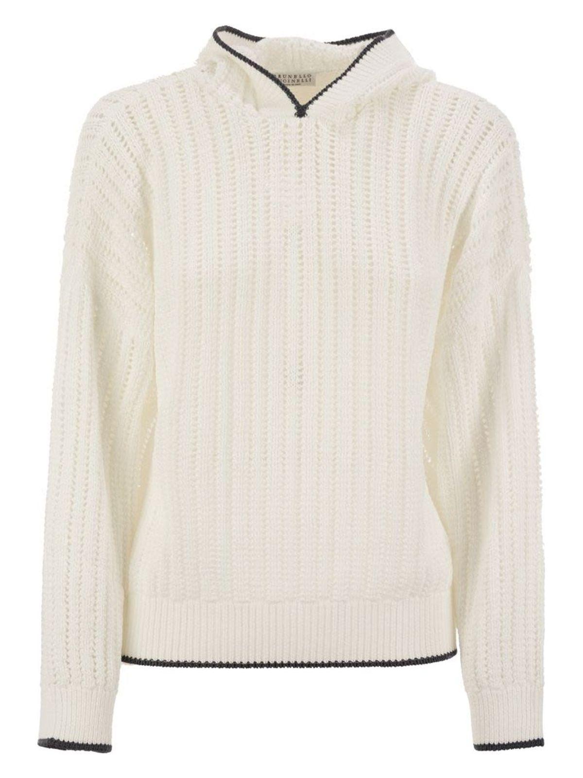 Brunello Cucinelli Women's Perforated Rib Cotton Knit Topwear With Hood And Necklace in White