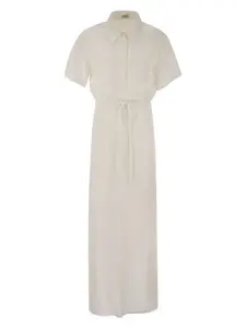 Brunello Cucinelli Women's Fluid Viscose And Linen Twill Dress With Necklace in Natural