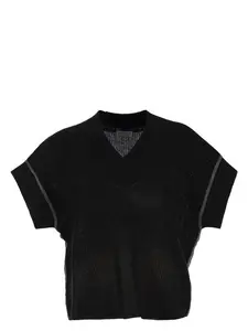 Brunello Cucinelli Women's Cotton Rib Knit T-Shirt With Precious Trims in Black