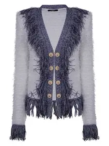Balmain Women's Collarless Glittered Fringed Tweed Jacket in White