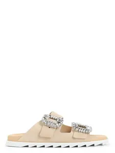 Roger Vivier Women's Slidy Strass Buckle Sandals and Beige Suede Slidy Viv Mule