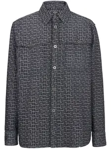 Balmain Men's Jacquard Monogram Denim Shirt in Used Black