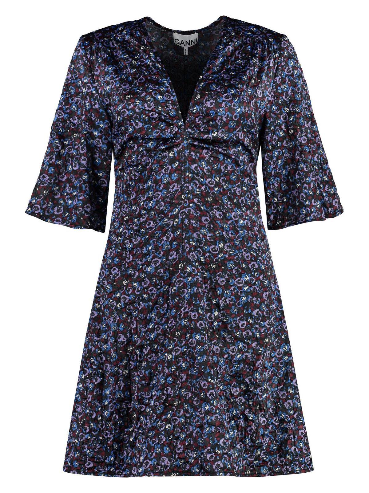 Ganni Women's Printed Satin Dress in Black