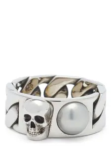 Alexander McQueen Men's SKL & Pearl Ring in Metallic
