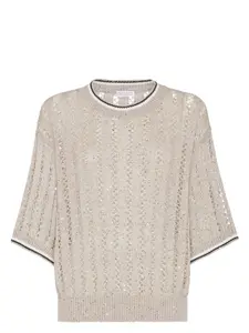 Brunello Cucinelli Women's 3/4 Sleeves Round Neck Sweater in Nude & Neutrals