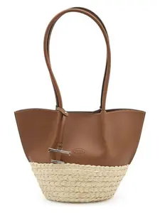 Tod's Two-Tone Leather and Raffia Small Shopping Bag