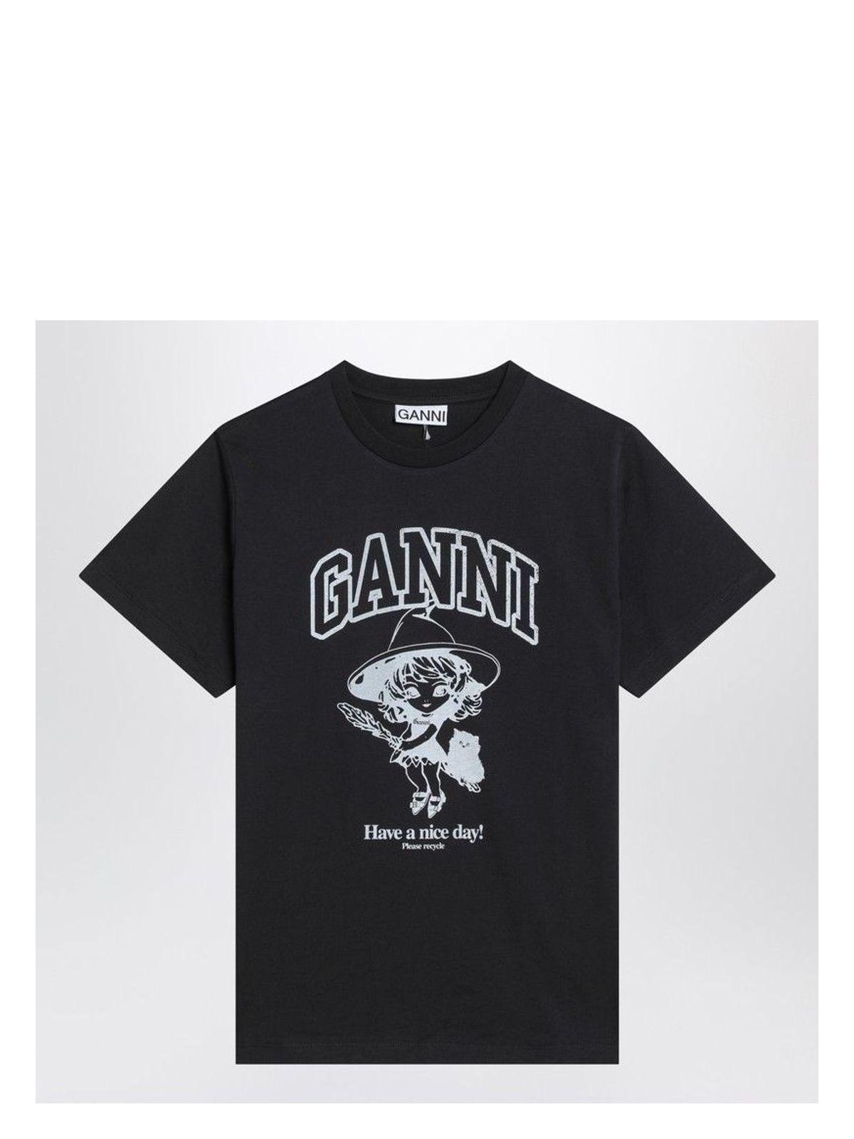 Ganni Women's Black T-Shirt With Logo Print in Purple