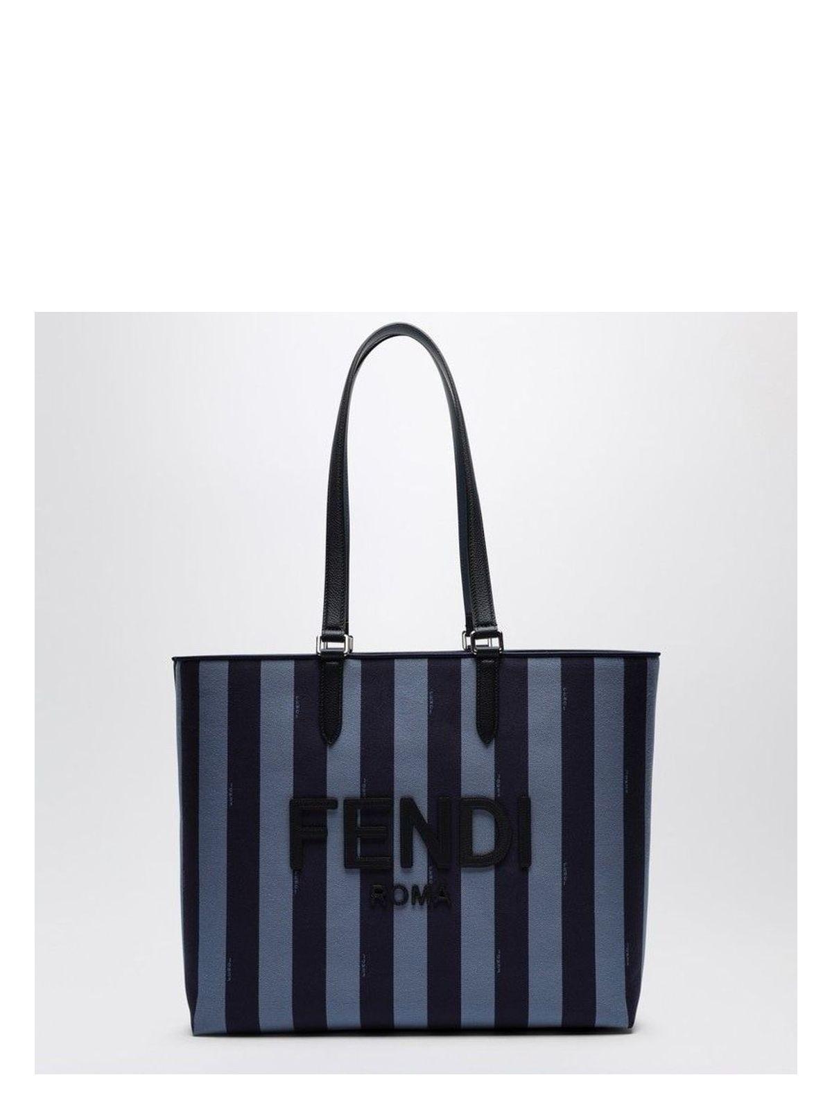 Fendi Men's Striped Fabric Shopper Bag With Logo in Blue