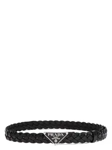 Prada Men's Logo Woven Leather Belt in Black