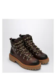Prada Women's Ebony-Coloured Leather Lace-Up Boot in Brown