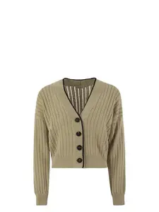 Brunello Cucinelli Women's Perforated Rib Cotton Knit Cardigan With Jewellery in Beige