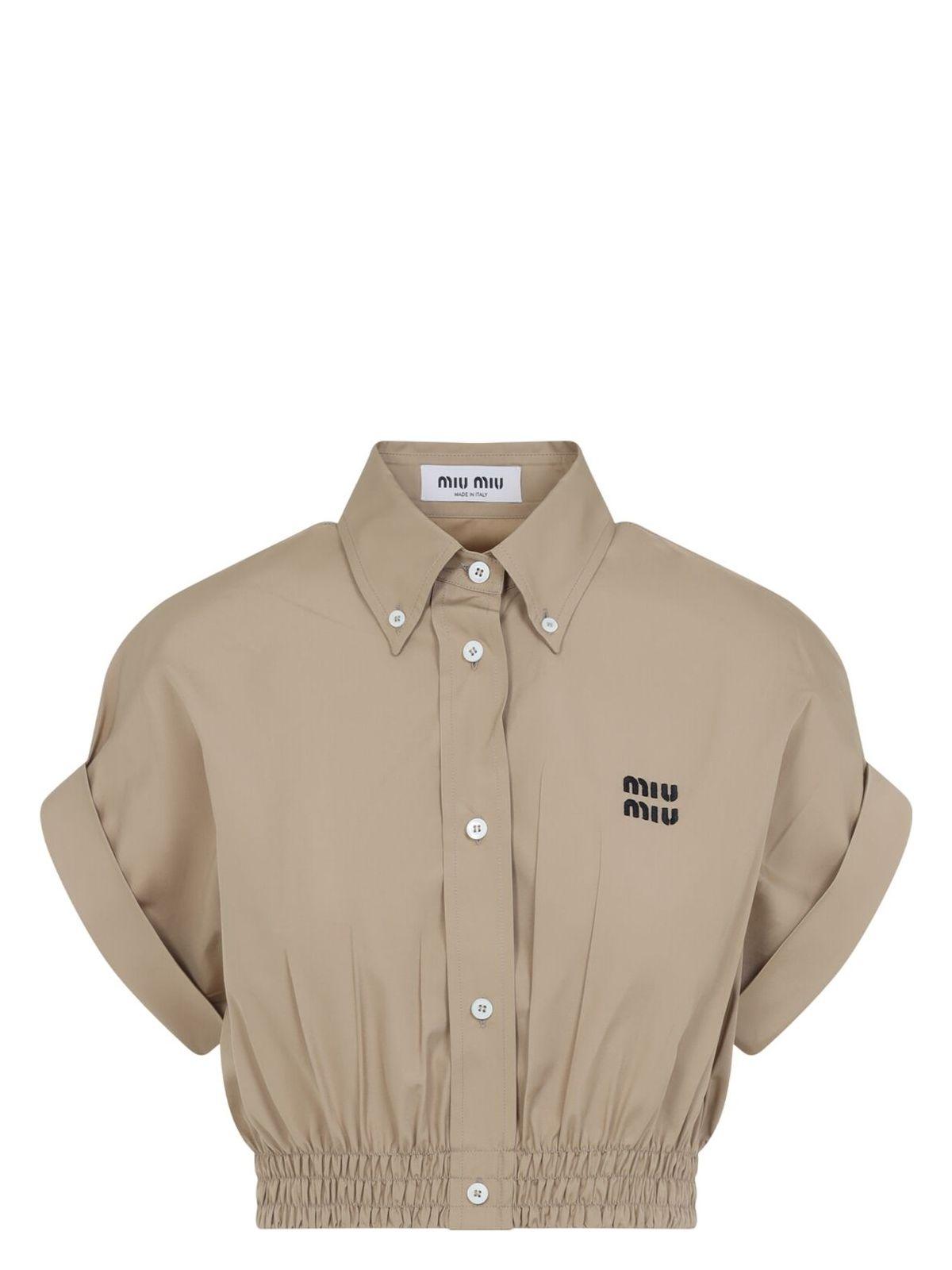 Miu Miu Women's Cotton Shirt in Green and Camel Poplin Shirt