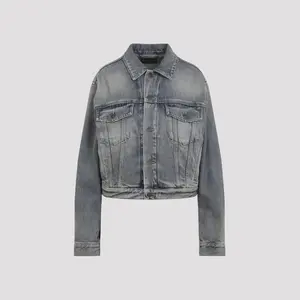 Balenciaga Women's Small Fit Jacket in Blue and Rhinestone Logo Denim Jacket