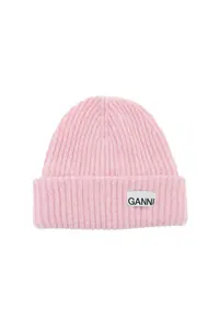 Ganni Women's Wool Beanie Hat with Logo Patch