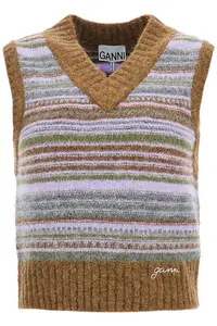 Ganni Women's Striped V-Necked Vest in Green