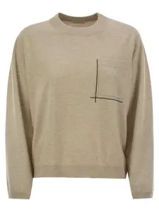 Brunello Cucinelli Women's Virgin Wool, Cashmere And Silk Sweater With Shiny Pocket Detail in Beige