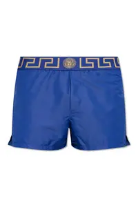 Versace Men's Sea Shorts with Greek Border and Electric Polyester Swimming Shorts in Blue