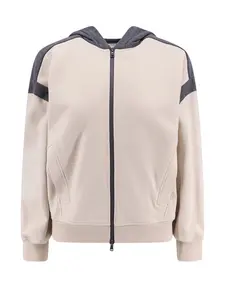 Brunello Cucinelli Women's Smooth Cotton Fleece Topwear With Zip, Hood And Shiny Trim in Cream/Grey