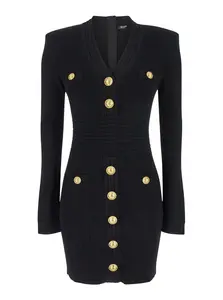 Balmain Mini Black Dress With Golden Buttons In Stretch Viscose Woman