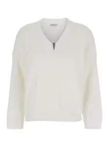 Brunello Cucinelli Cotton Sweater with V Neck and Monile Detail