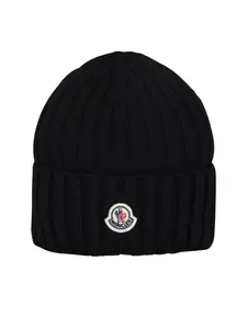 Moncler Black Wool Beanie With Logo Patch
