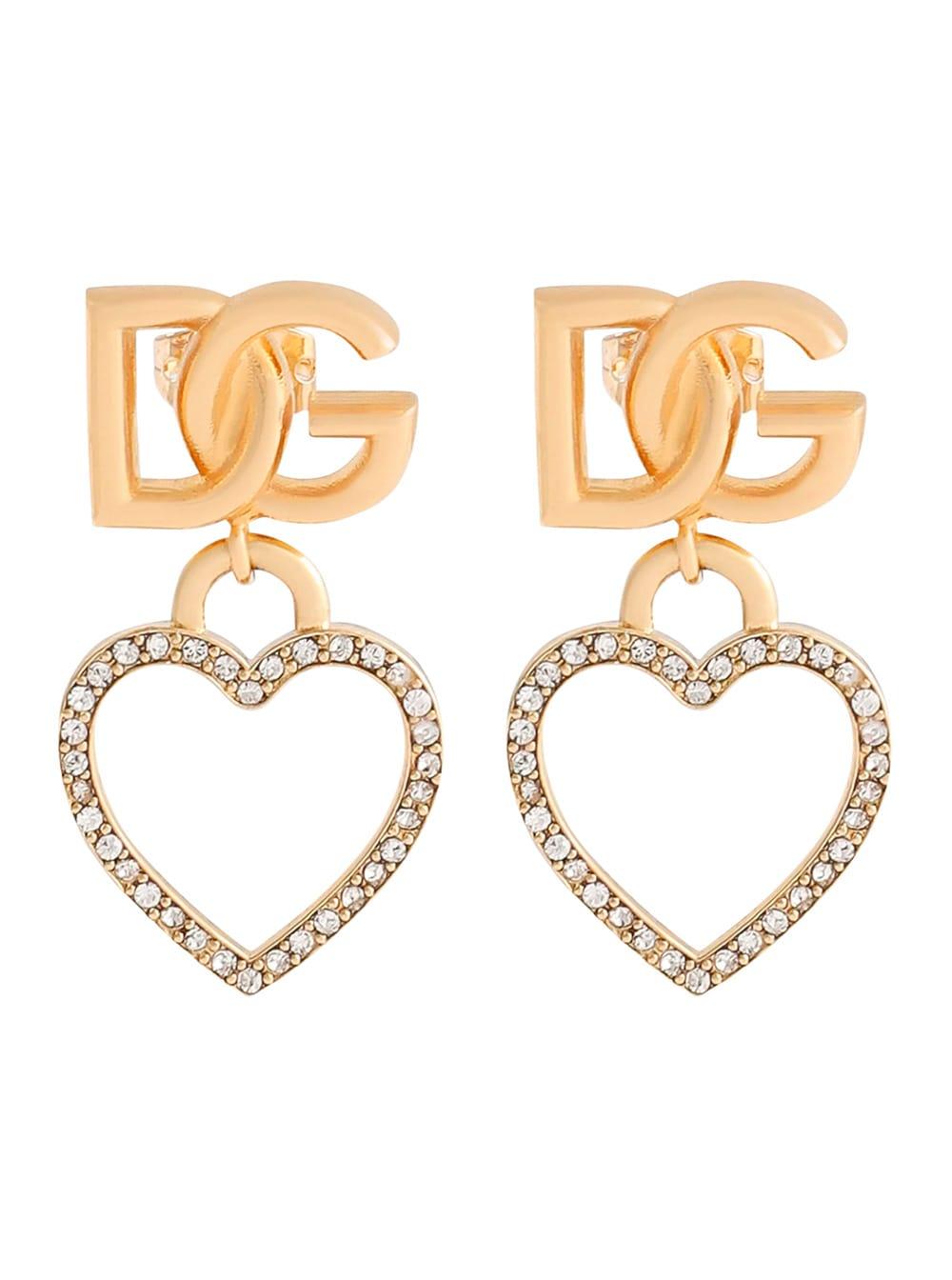 Dolce & Gabbana Metallic Earrings With Logo Plaque And Heart Pendant In Brass And Glass