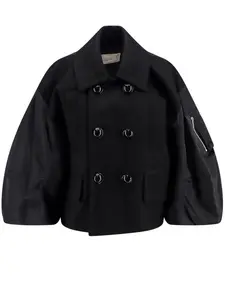 Sacai Women's Wool Melton X Nylon Twill Jacket and Baloon Sleeve Short Coat in Black