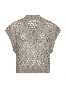 BRUNELLO CUCINELLI Beige silk and linen Dazzling Net sweater