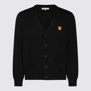 Maison Kitsuné Black Cardigan with V Neck and Logo Patch in Wool