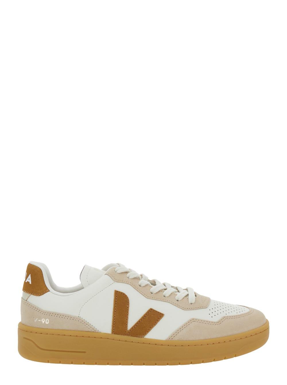 Veja v90 Beige Sneaker With Side Logo And Perforated Toe In Leather