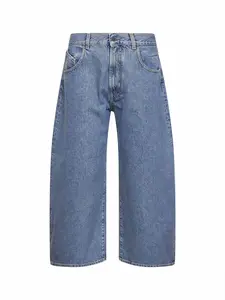 THE ATTICO Sky Blue Washed Denim Wide Cropped Jeans