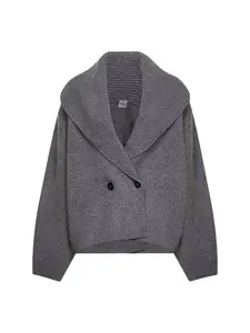 Toteme Mid Grey Ribbed Wool Shawl-Lapel Cardigan