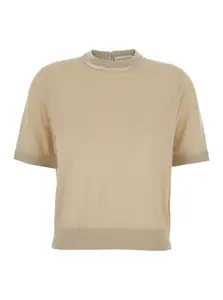 SEMICOUTURE Beige Crewneck Sweater With Ribbed Trims In Wool