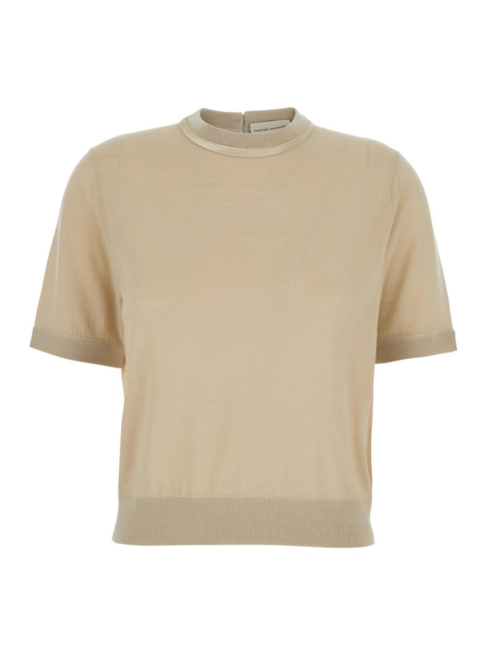 SEMICOUTURE Beige Crewneck Sweater With Ribbed Trims In Wool